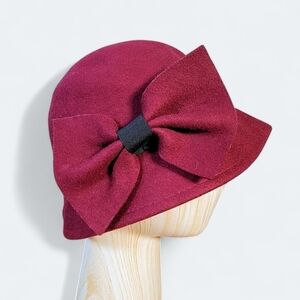 Target Burgundy Cloche Hat 100% Wool Hat with Bow Accent Black Ribbon Women's OS